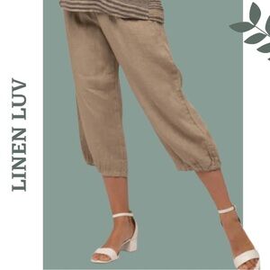Linen Luv Cropped Pant Elastic Knit Waist front Button Detail Pockets Natural